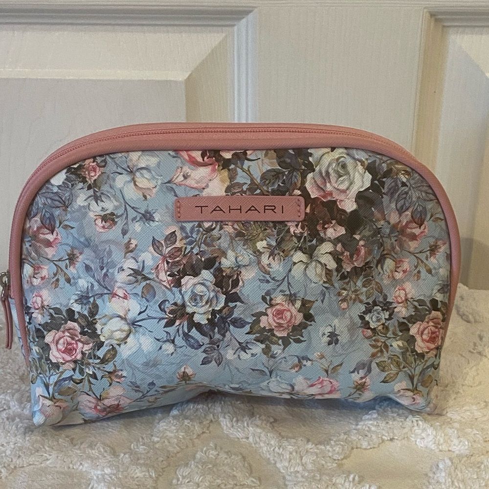 Tahari Floral Cosmetic Pouch Pastel Makeup Case Toiletry Pouch Pink and Blue